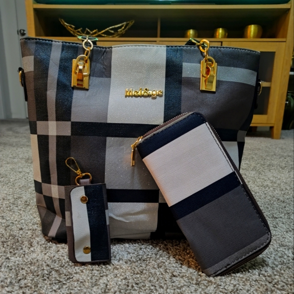 Black and White Plaid Women's Bag Set